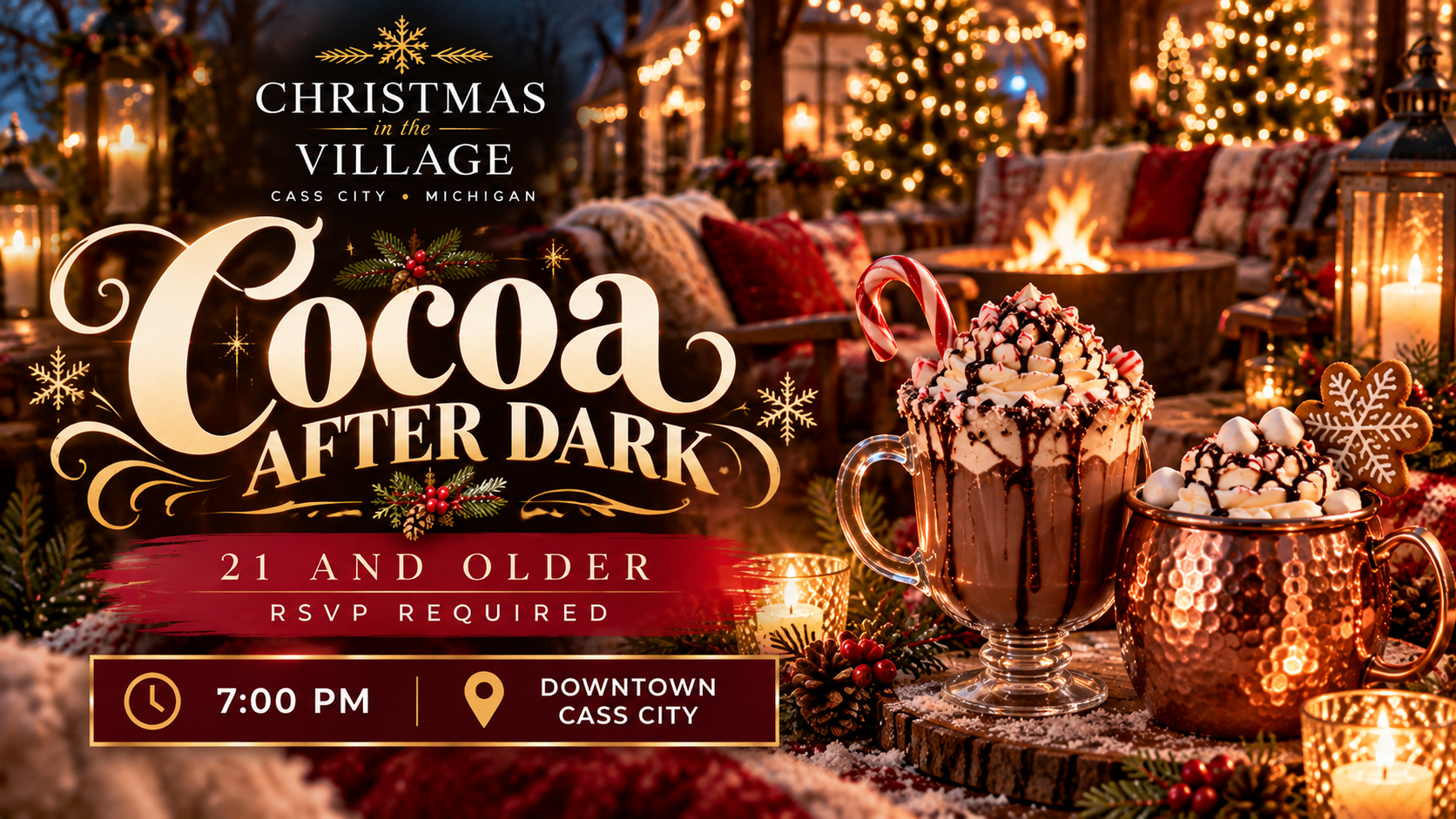 Cocoa After Dark 21 plus Michigan holiday event in Cass City after Christmas in the Village