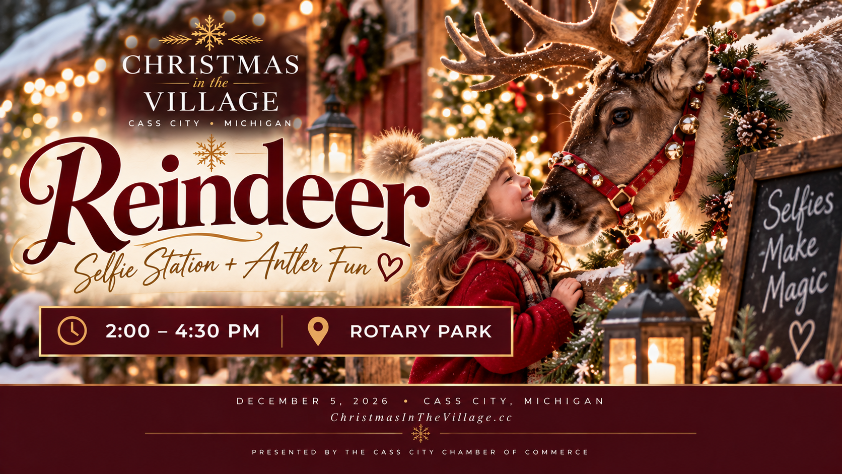 Live reindeer at a Michigan Christmas event in Cass City Rotary Park